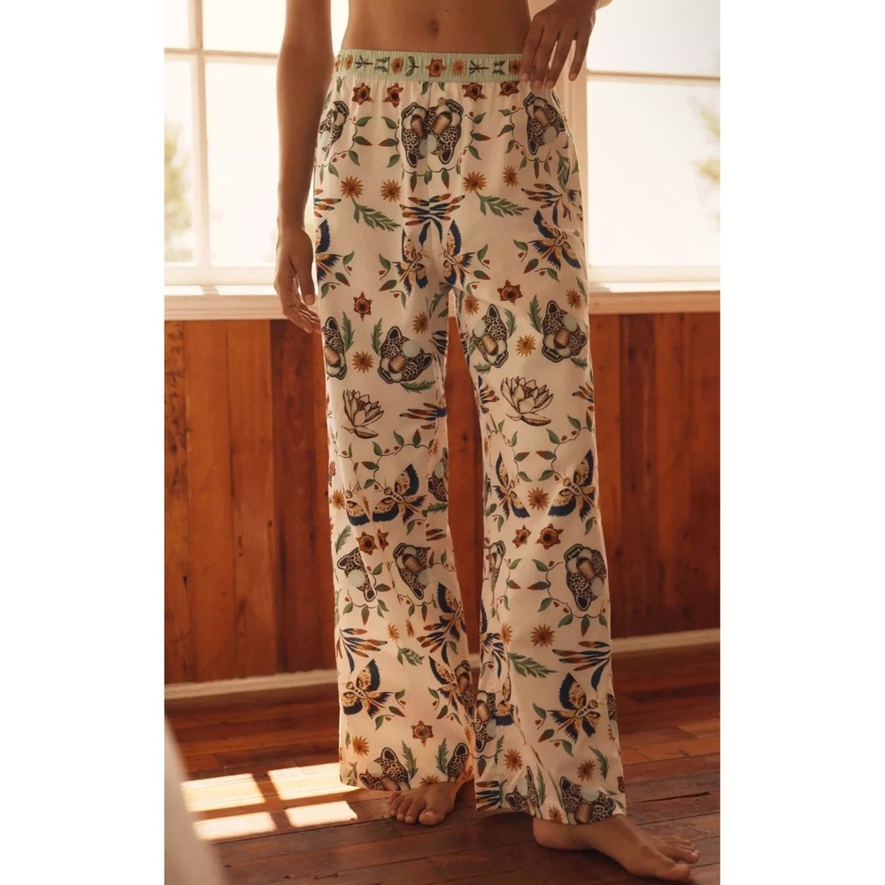 Anthropologie LyreBird Cloud Flannel Pajama Pant XS Cheetah Leopard FloralCotton